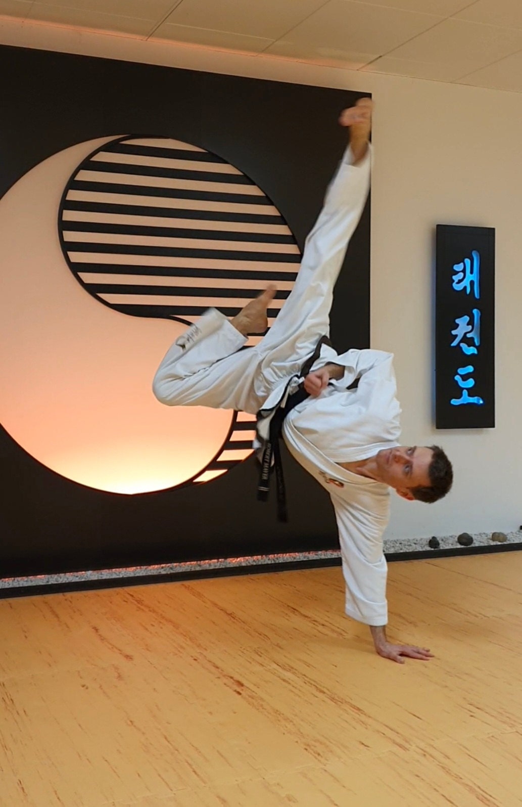 Taekwondo-Lehrer Robert Mayer mit Spezial-Kick auf einer Hand